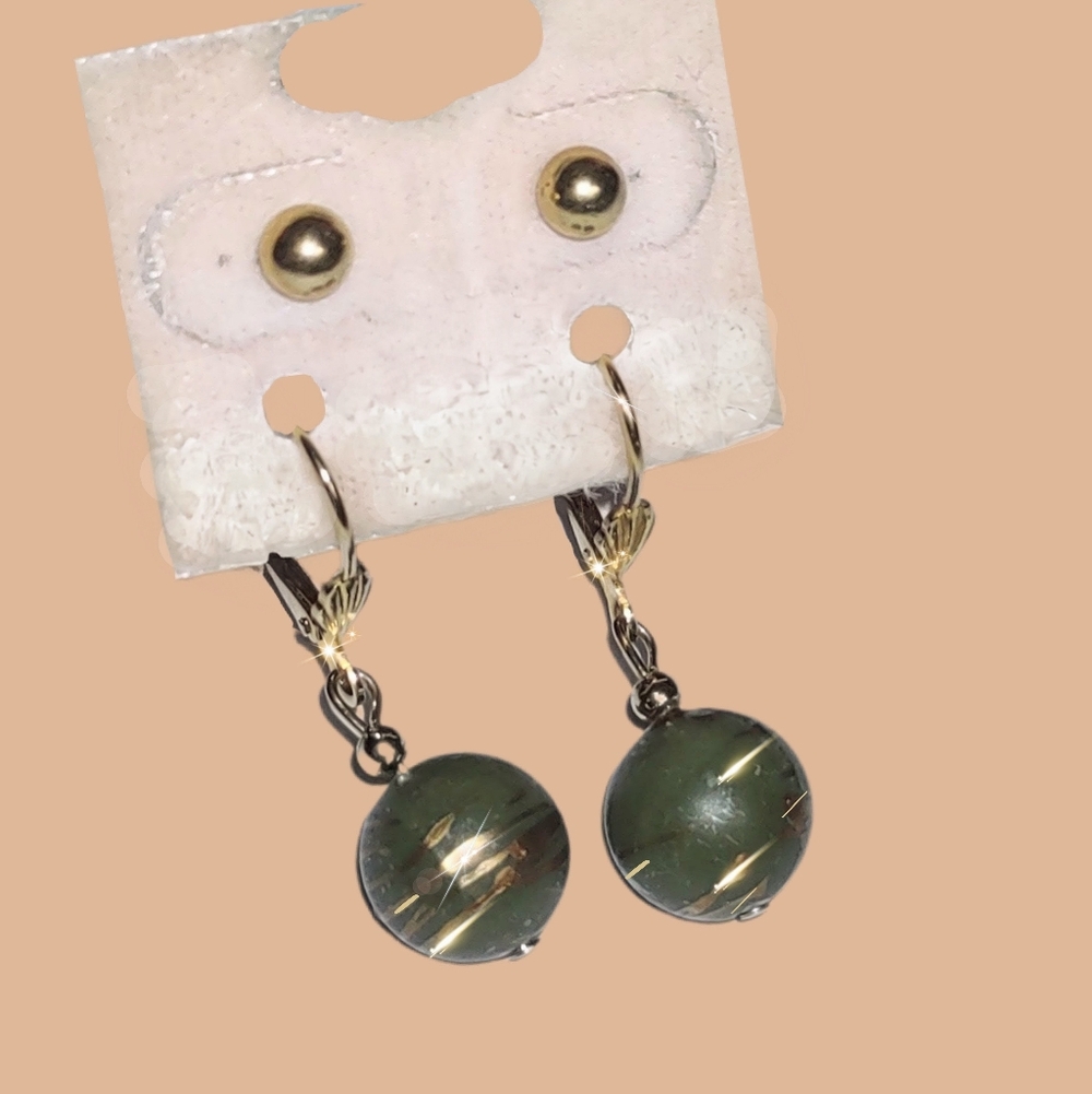 2-pr: Green Dangling Spiral Ball w/ Gold Striping YGP Leverback Earrings & Posts